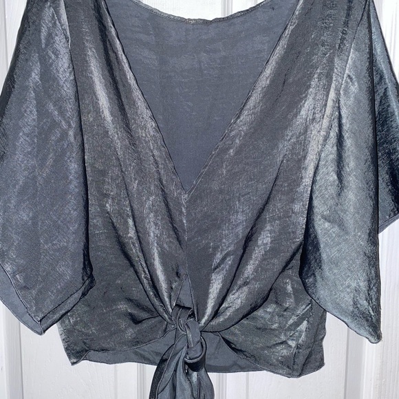M Boutique- Grey Front Tie Silk Shirt (USED) - Picture 2 of 2